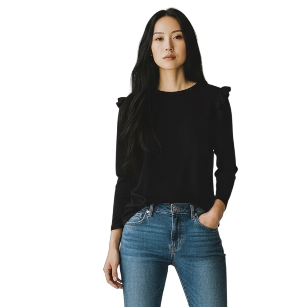 MICHAEL KORS L Black Cotton Modal Ruffle Shoulder Knit Top R $90